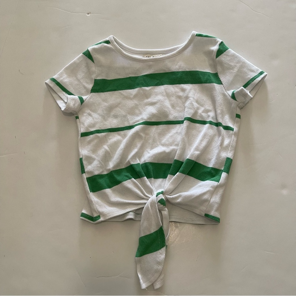 Copper Key Green and White Striped Colorblock Tie-front Cropped Top